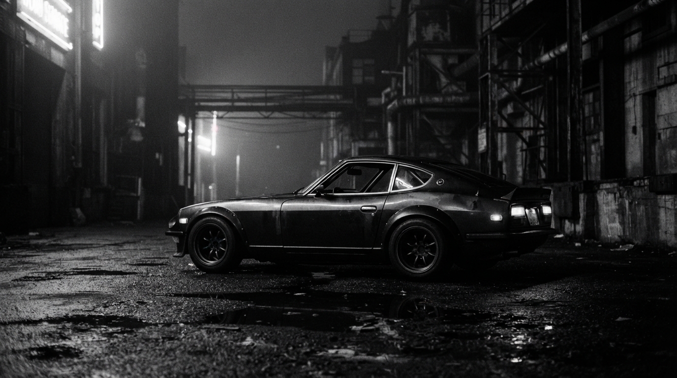 Classic performance car silhouette reflecting sparse neon lighting in dark industrial yard