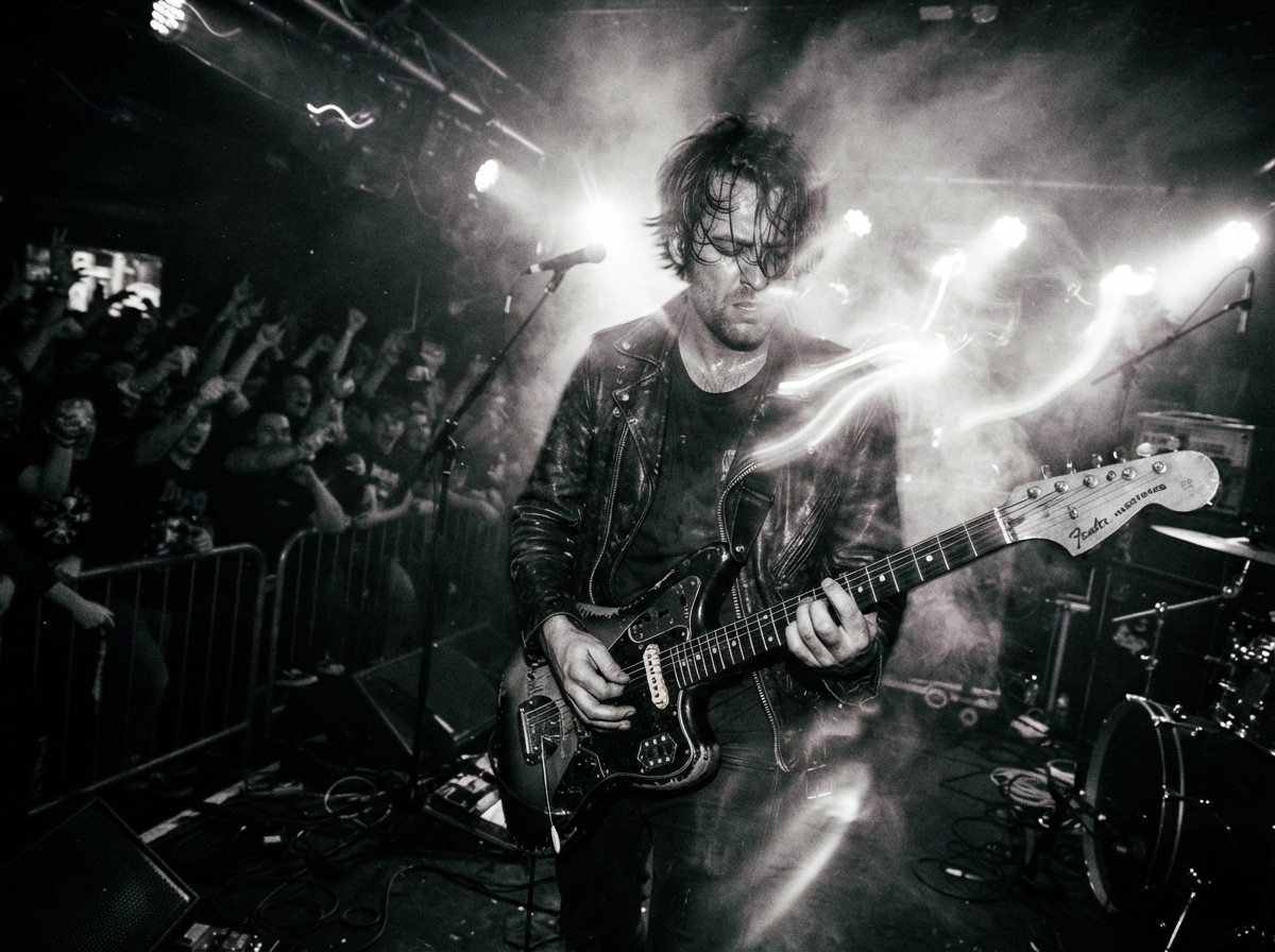 Raw atmospheric live gig view with heavy backlighting and smoke