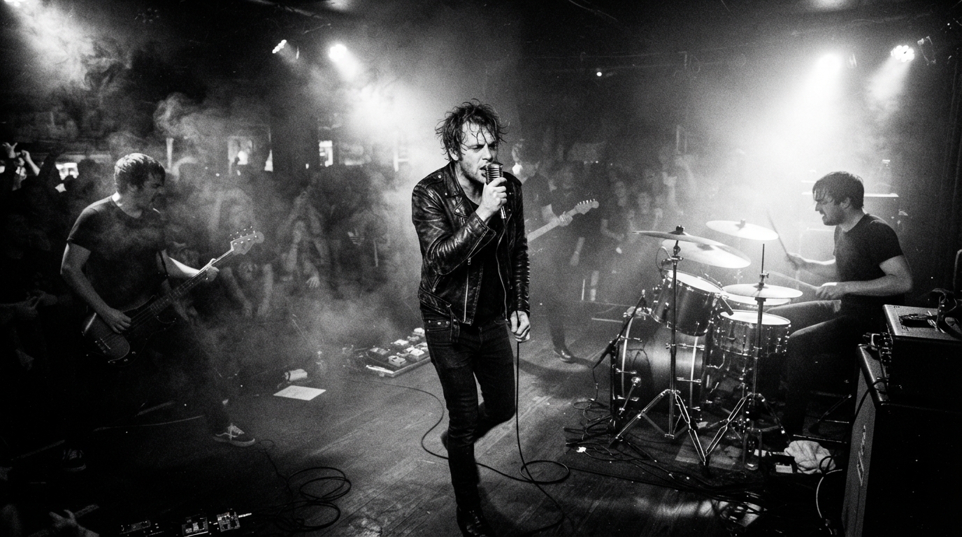 Grayscale studio capture of a musical performance