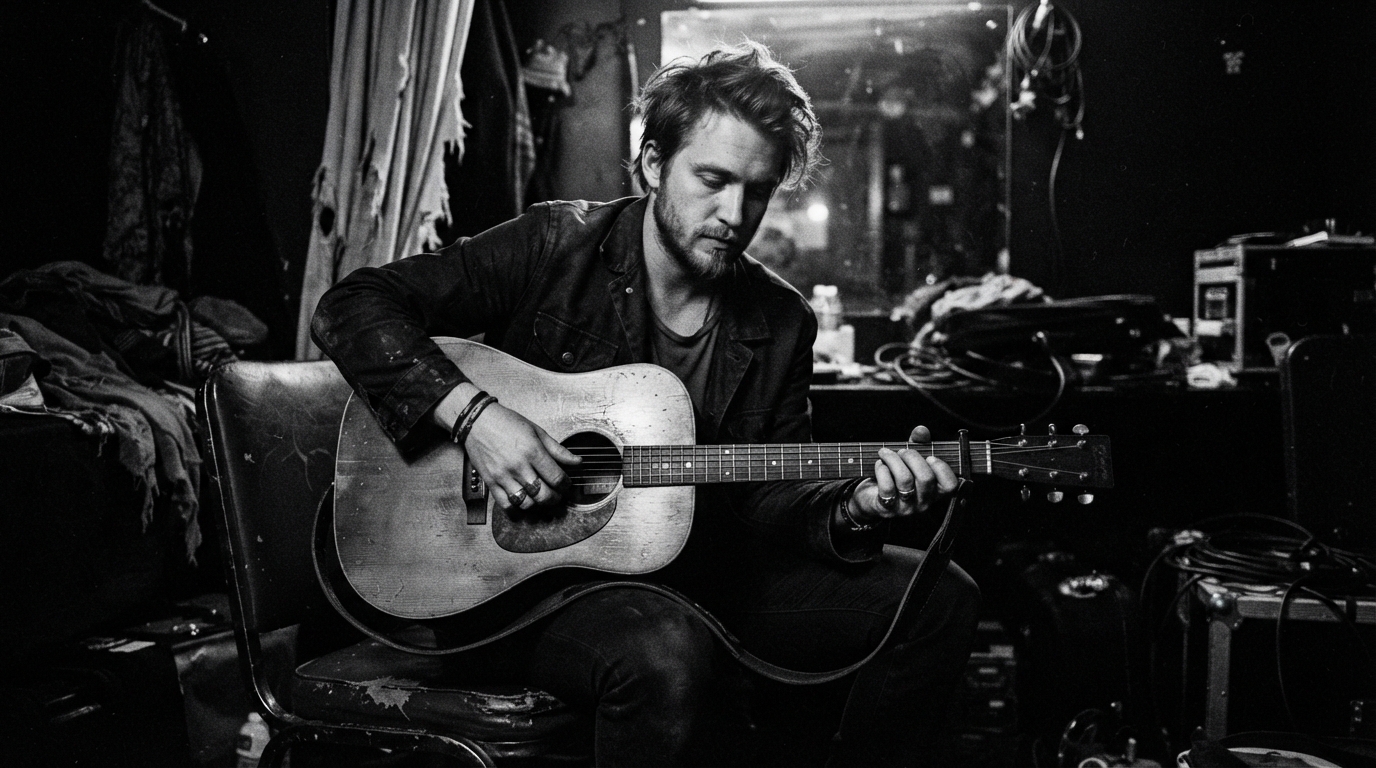 Candid black and white image of artist prepping backstage