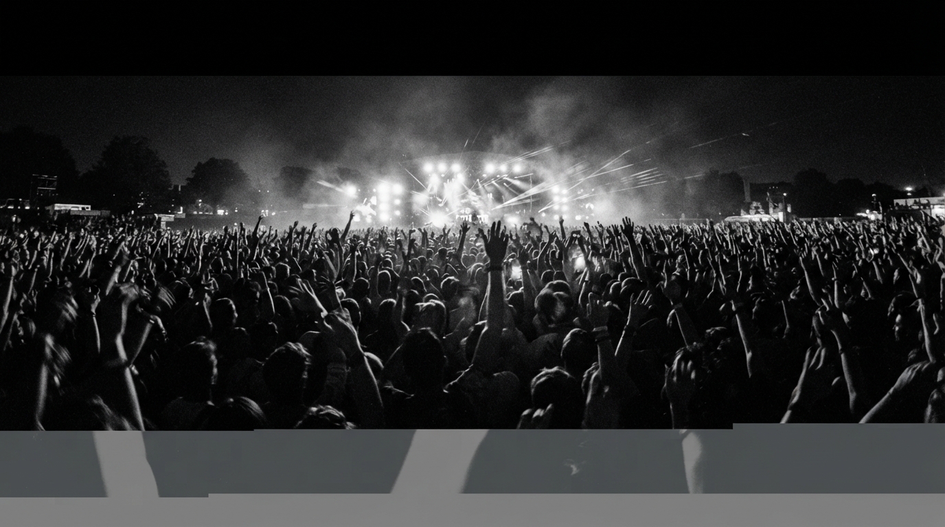 Massive crowd silhouette at an outdoor festival stage under strobes