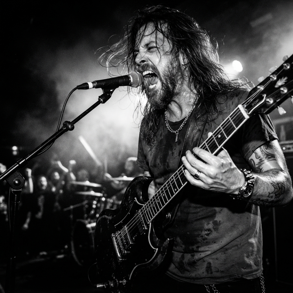 Dynamic close-up of guitarist screaming on stage, sweat and motion blur