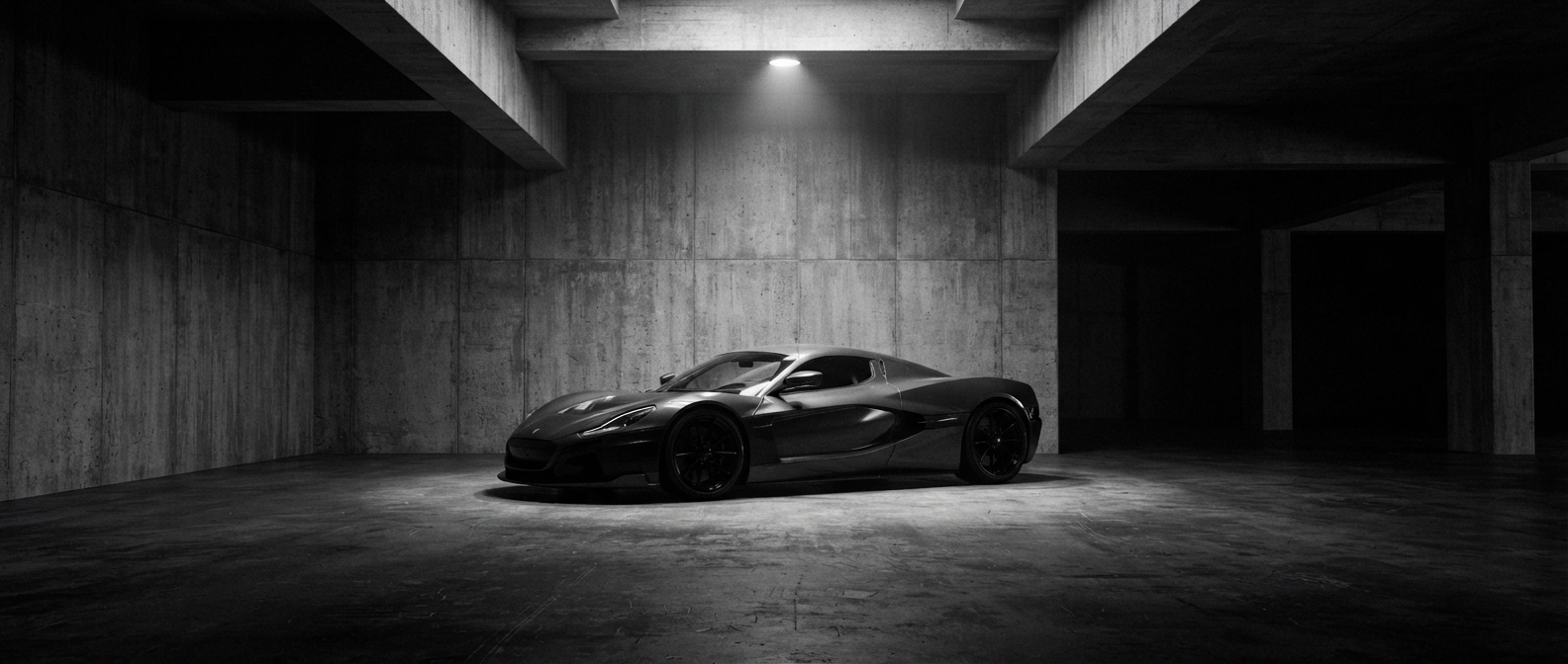 Modern hypercar parked inside a brutalist concrete garage with stark overhead lighting