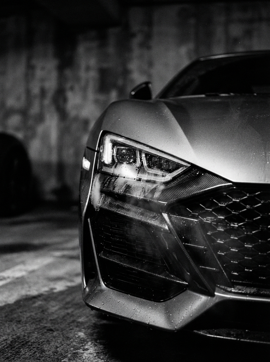 Aggressive close-up detail shot of headlights in harsh industrial landscape