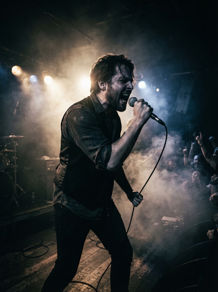 Vocalist performing in dramatic silhouette, smoke and red backlight shadow