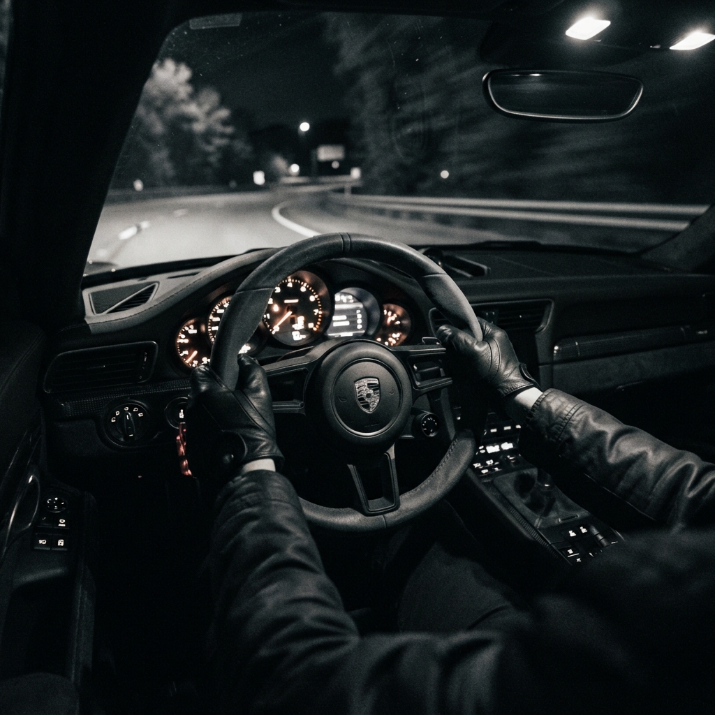 Vintage steering wheel and dashboard glowing instrument cluster at night