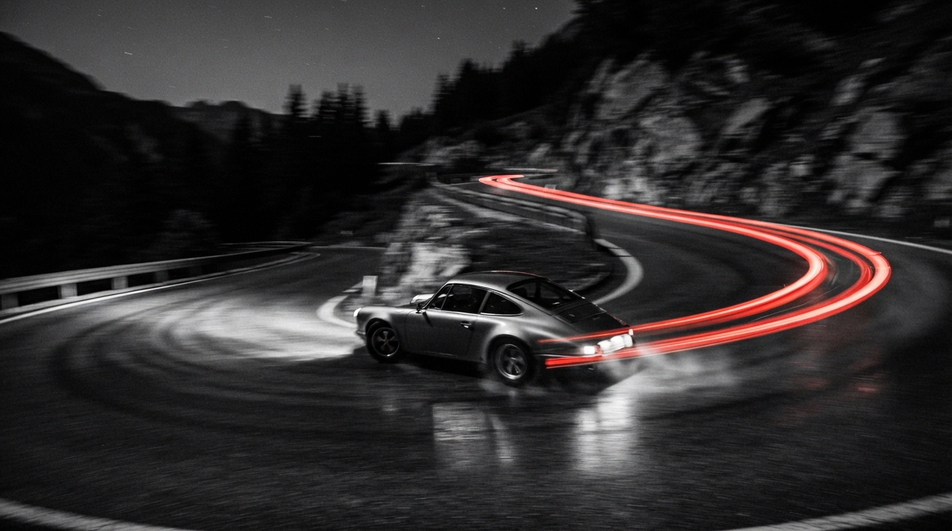 Vintage sports car navigating mountain curves at night, long exposure headlight trails