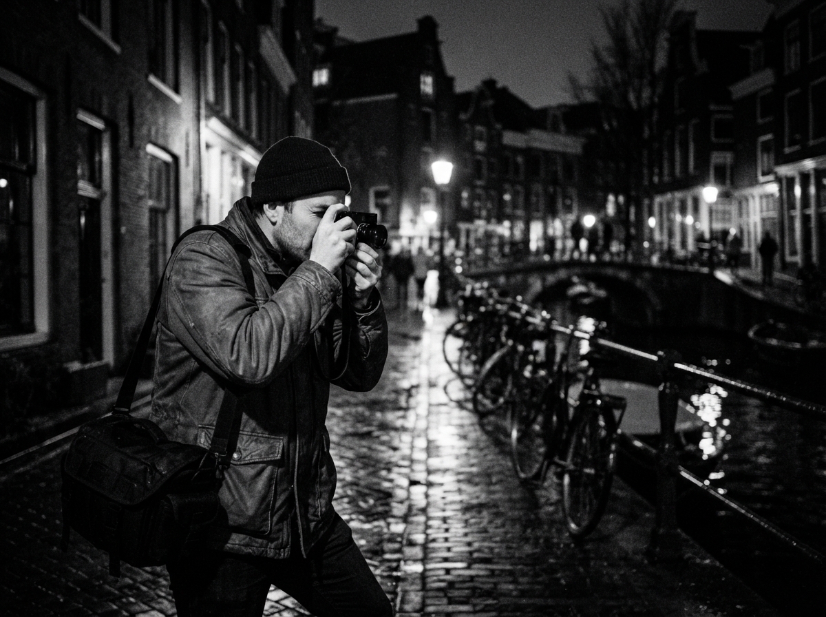 Roan holding a camera focusing in a low light environment