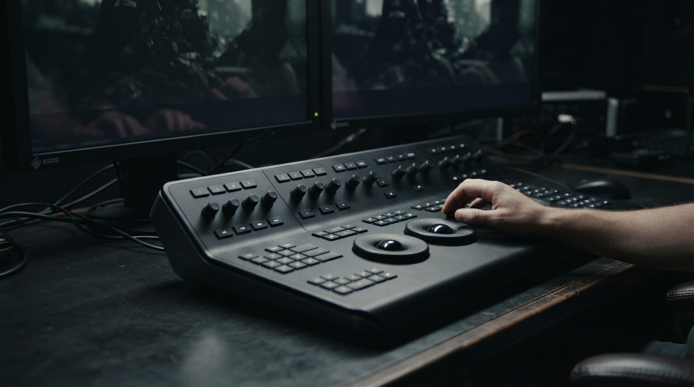 Cinematic video editing workspace with technical hardware